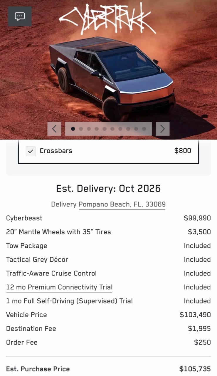 Cyberbeast build configuration showing an estimated purchase price of $105,735